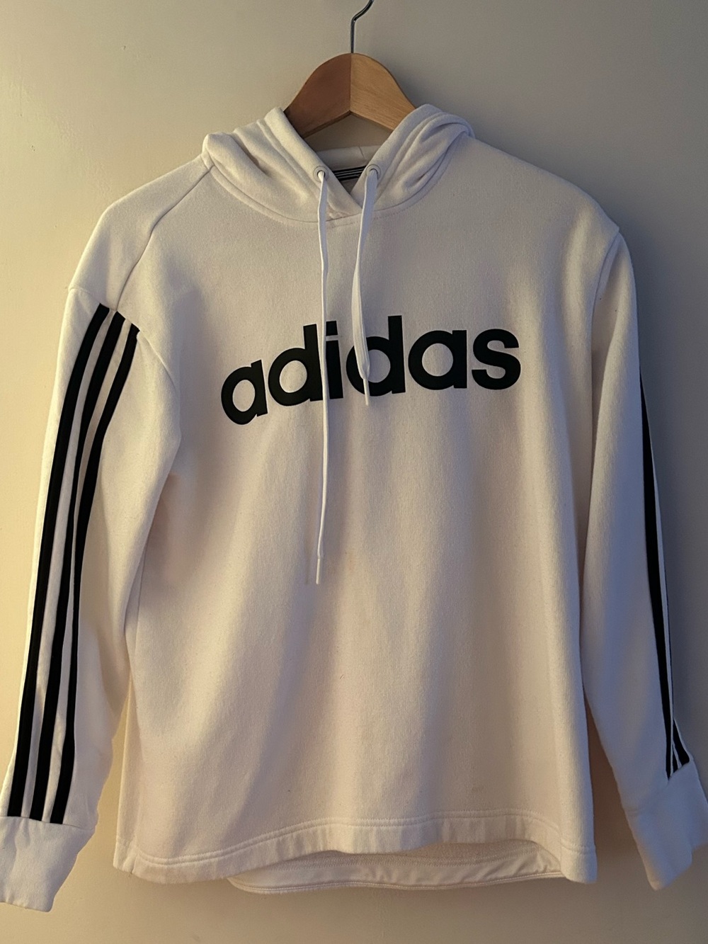 adidas White Hoodie with Black Logo & Sleeve Stripes
